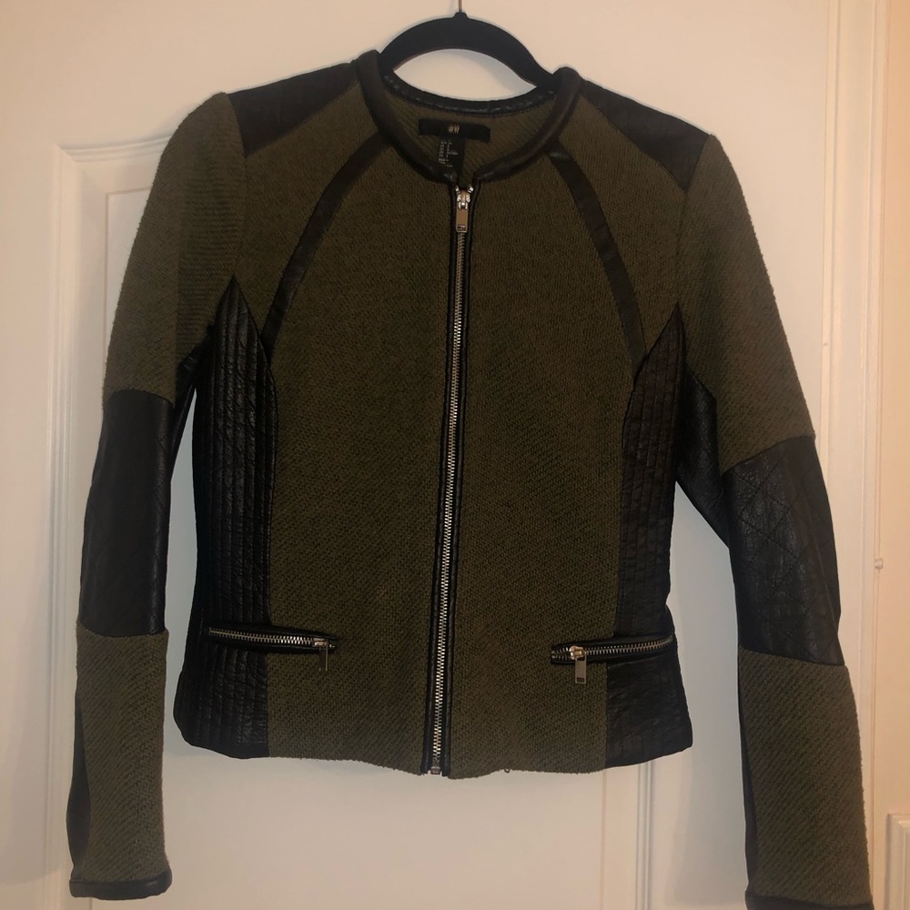 Ladies oluve green and leather patch blazer jacket